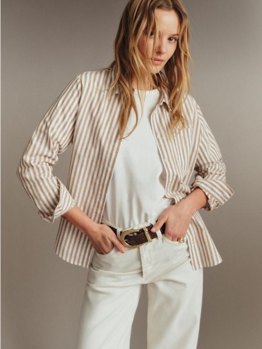 Sezane Tomboy Shirt in Ecru and Camel Cotton Linen Blend